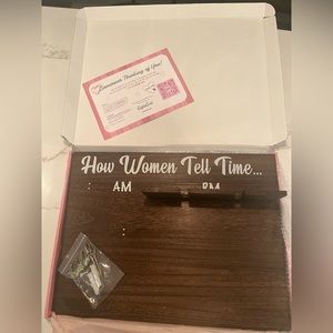 “How women tell time” wine glass and coffee mug holder.